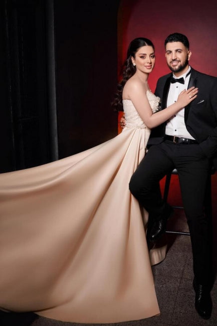 Charming Long Mermaid Strapless Sequined Wedding Gown with Dazzling Pearls - Fashionpara