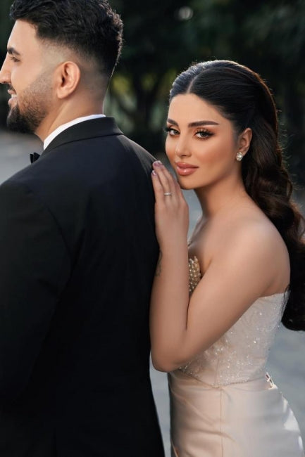 Charming Long Mermaid Strapless Sequined Wedding Gown with Dazzling Pearls - Fashionpara