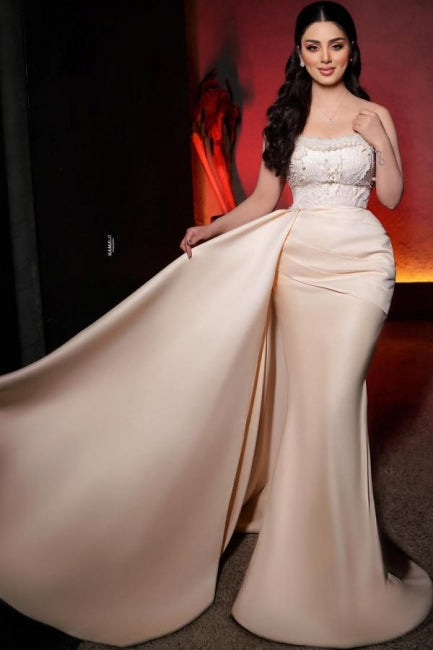 Charming Long Mermaid Strapless Sequined Wedding Gown with Dazzling Pearls - Fashionpara