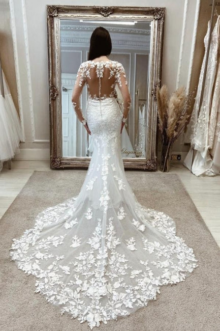 Enchanting Long White Mermaid Lace Wedding Gown with Elegant Long Sleeves - Fashionpara