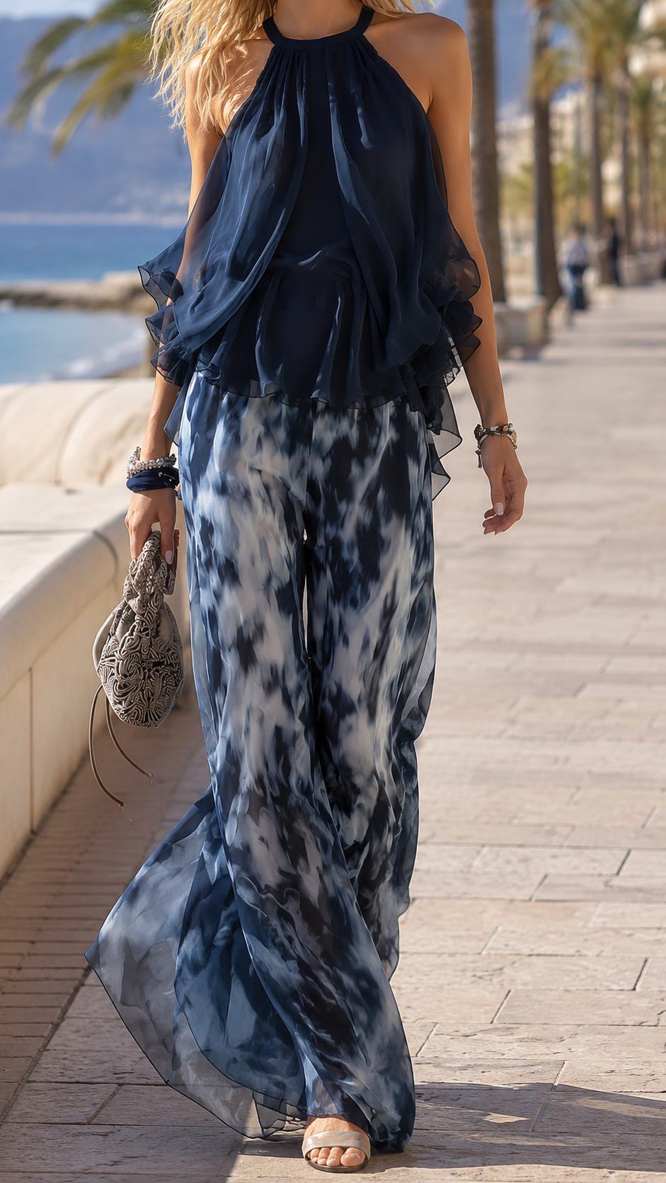 Halter Ruffle Top and Wide Leg Pants Two Piece Set