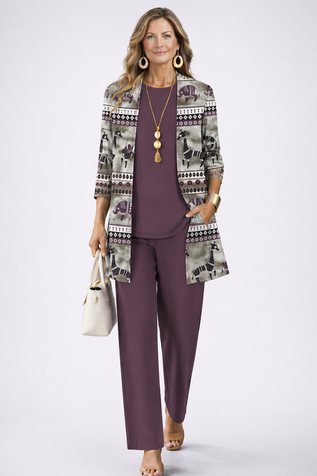 Tribal Animal Print Longline Cardigan Tank and Pants Three Piece Set