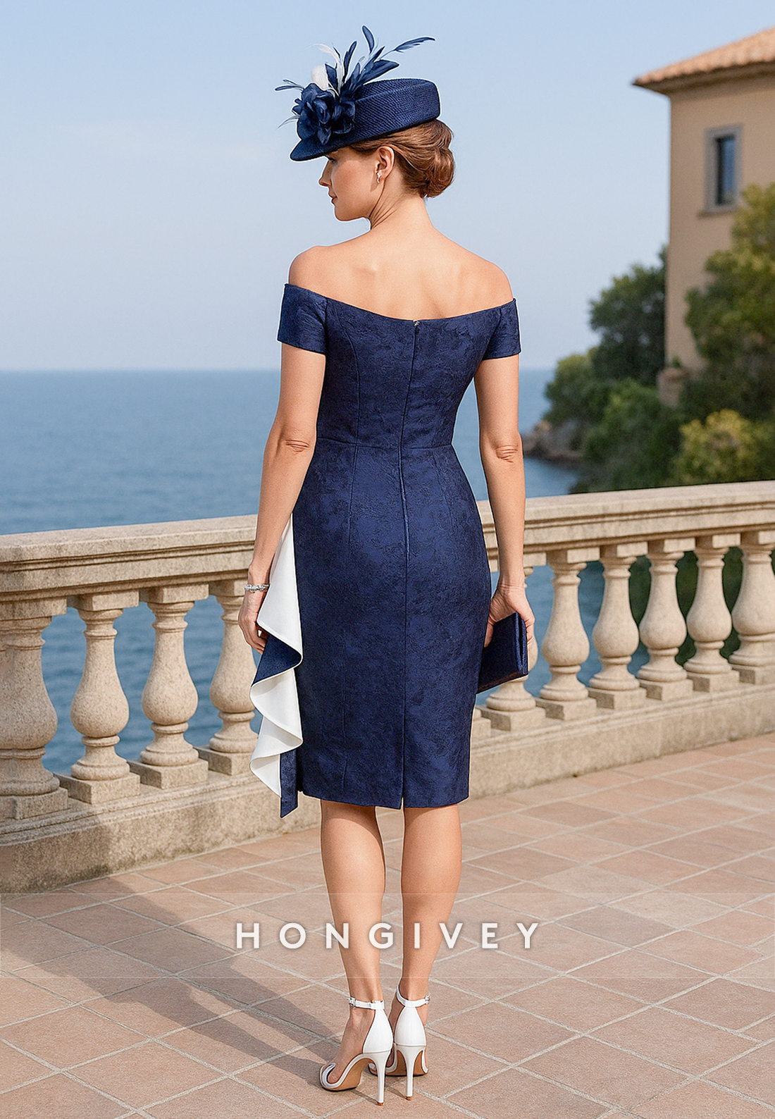 Floral Off the Shoulder Pleated Sheath Knee-Length Cocktail Dresses with Ruffles