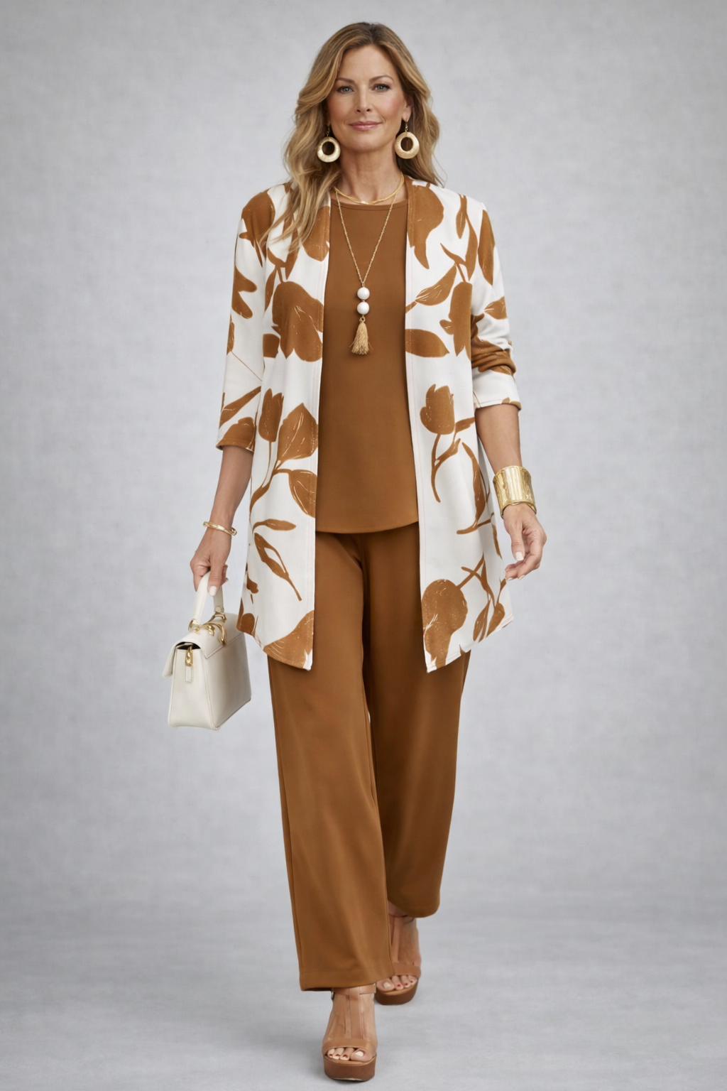 Tulip Print Longline Cardigan Tank and Pants Three Piece Set