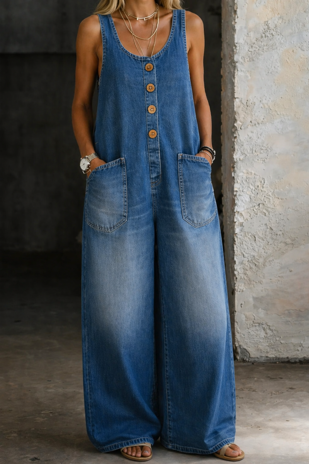 Button Front Wide Leg Denim Overalls