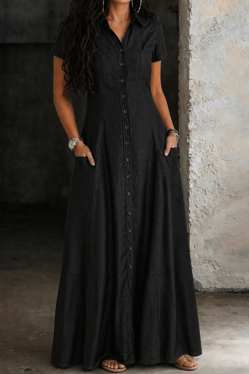 Collared Button Front Short Sleeve Denim Maxi Shirt Dress