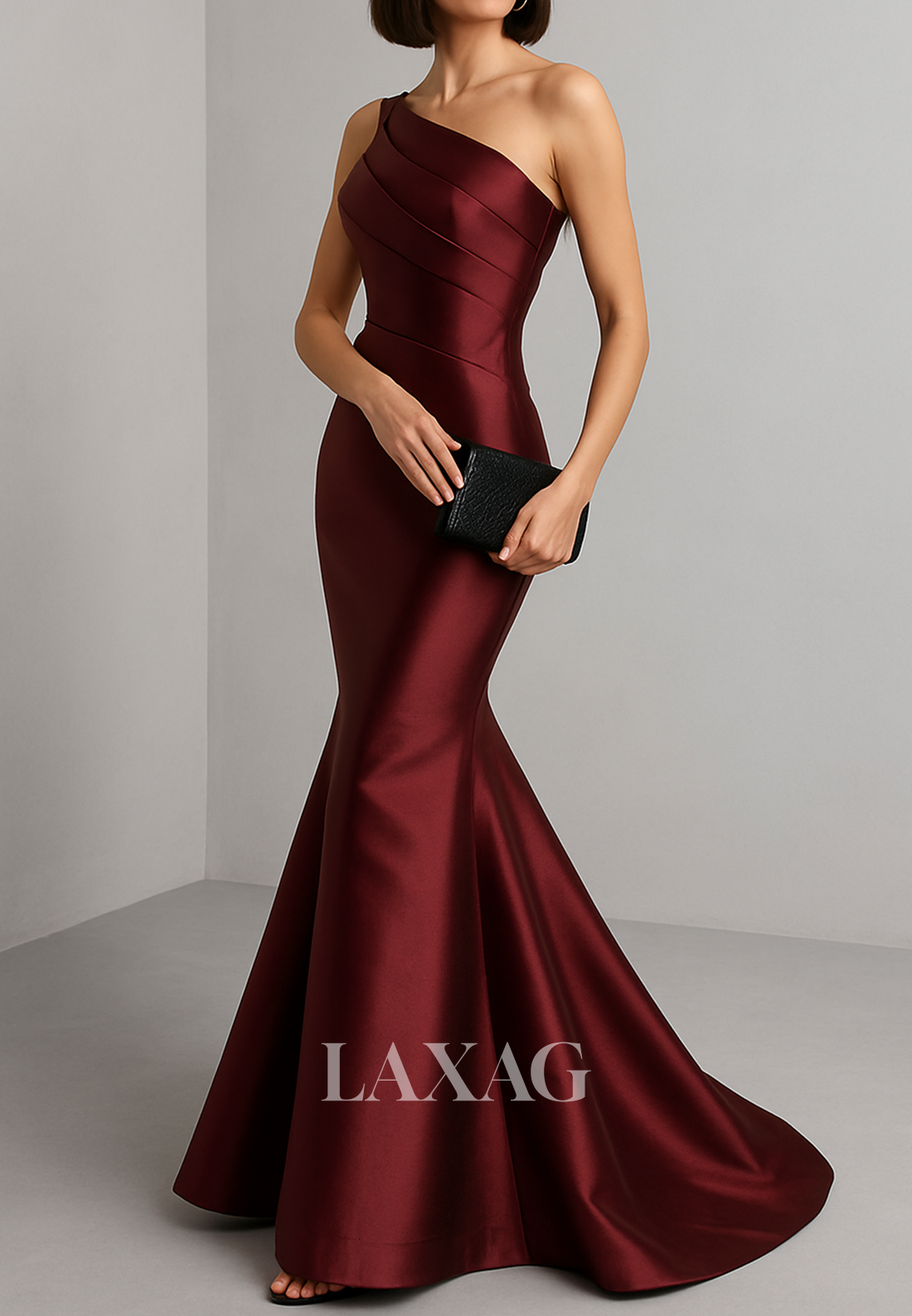 Asymmetrical-Neck Pleated Satin Mermaid Evening Dress Sleeveless Floor-Length Formal Gowns
