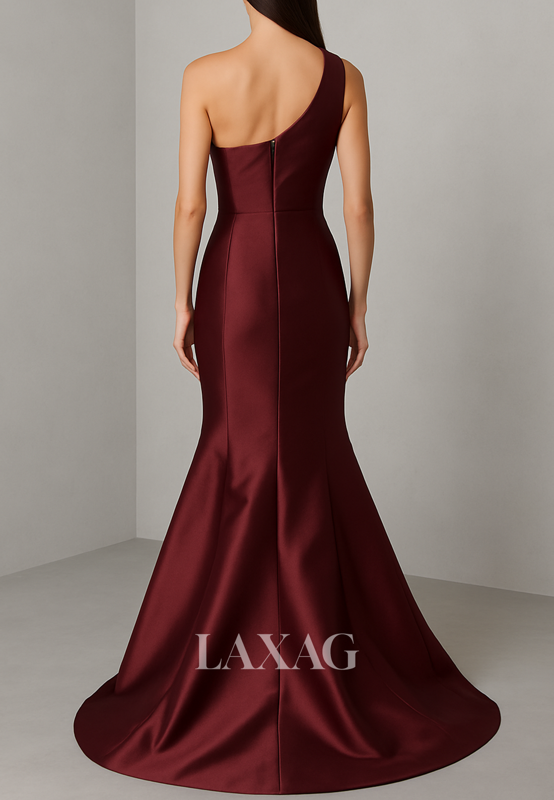 Asymmetrical-Neck Pleated Satin Mermaid Evening Dress Sleeveless Floor-Length Formal Gowns