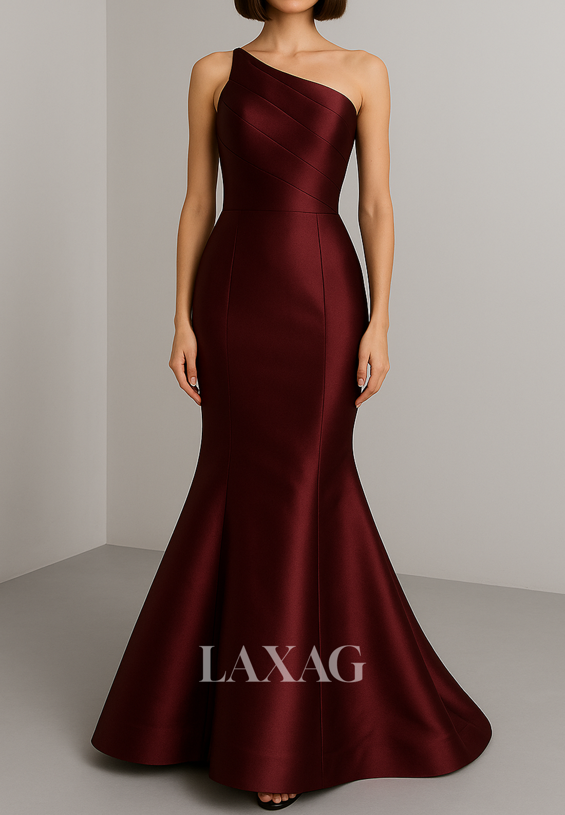 Asymmetrical-Neck Pleated Satin Mermaid Evening Dress Sleeveless Floor-Length Formal Gowns