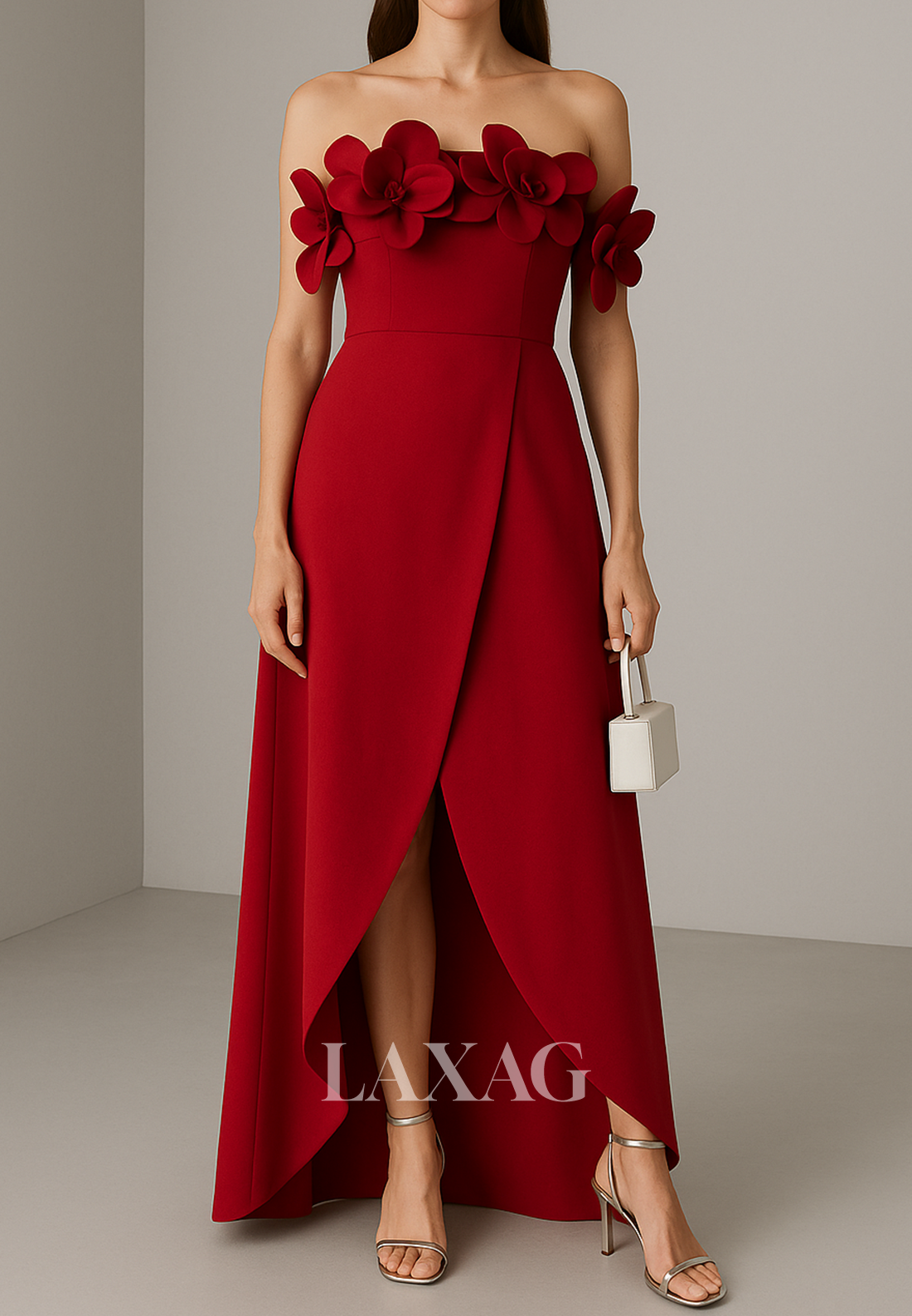 Floral Embellished Tube Top Sleeveless Ankle-Length Pleated Satin A-Line Evening Dress with Slit