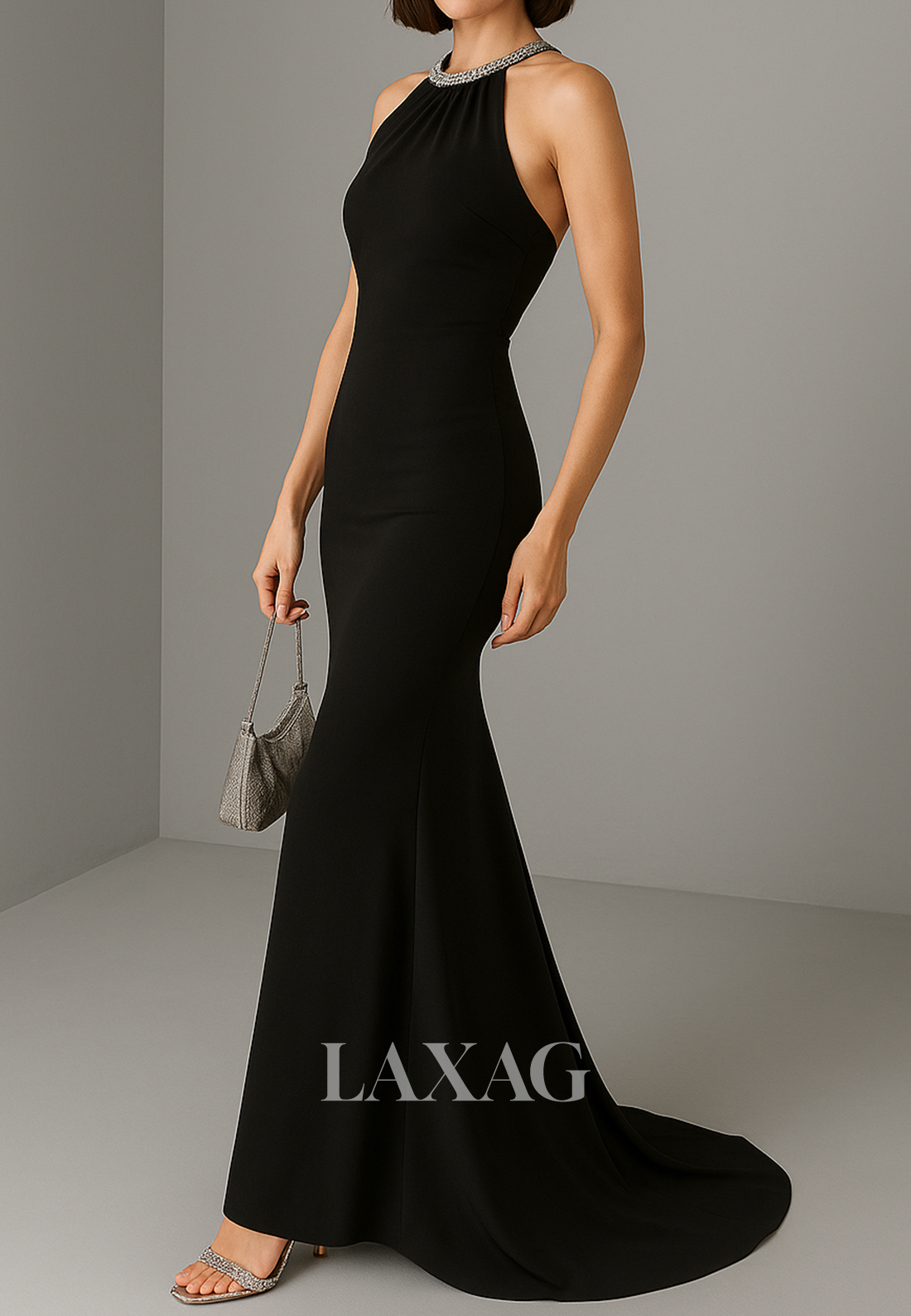 Beaded Halter-Neck Mermaid Evening Dress Sleeveless Sweep Train Guest of Wedding Gowns