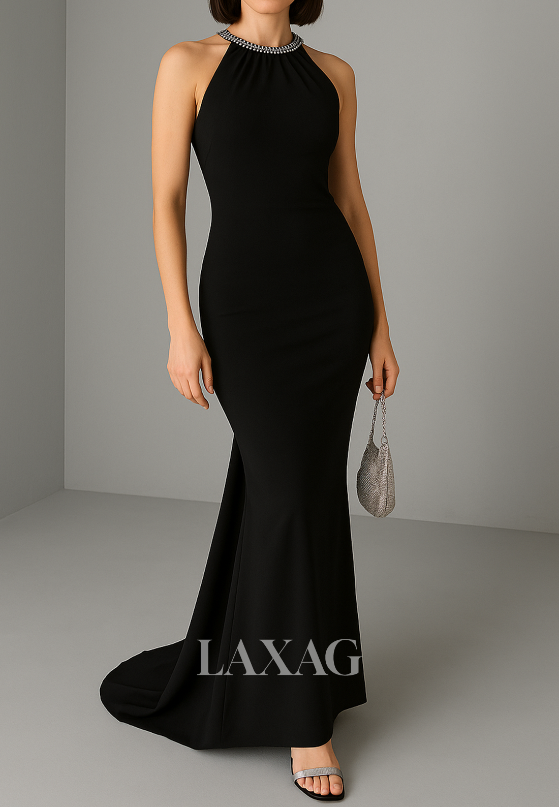 Beaded Halter-Neck Mermaid Evening Dress Sleeveless Sweep Train Guest of Wedding Gowns