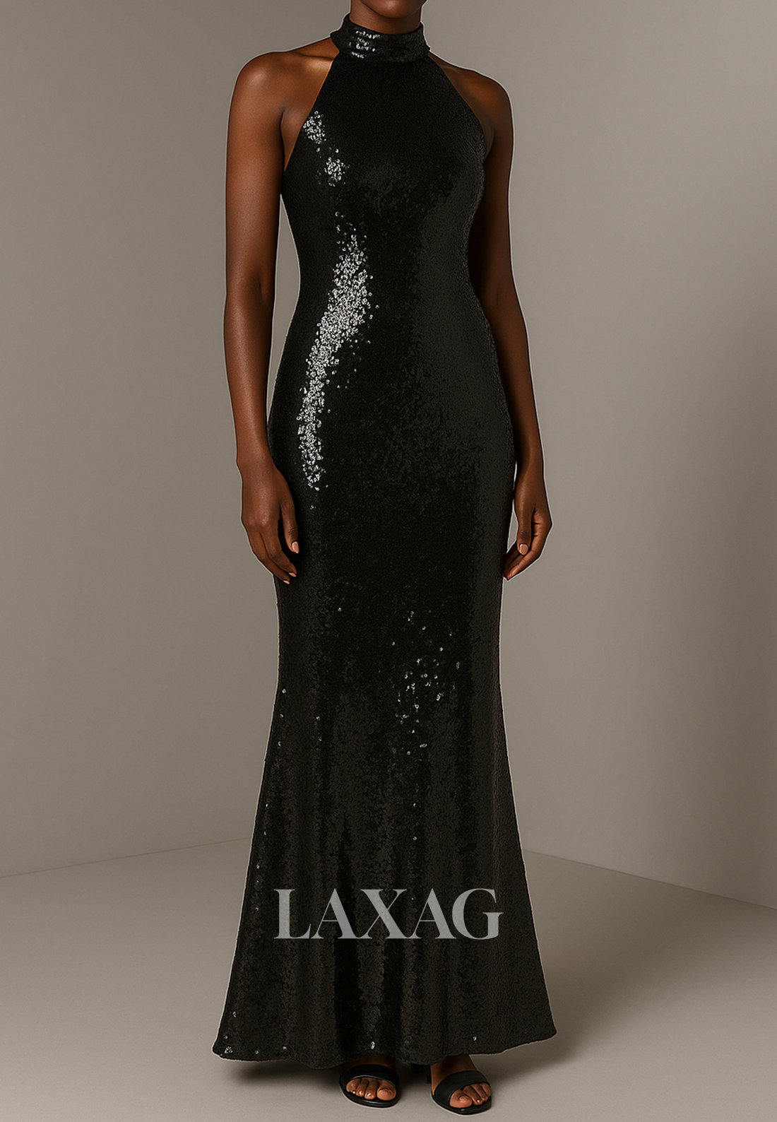 Halter-Neck Sleeveless Mermaid Evening Dress Fully Sequined Floor-Length Formal Gowns