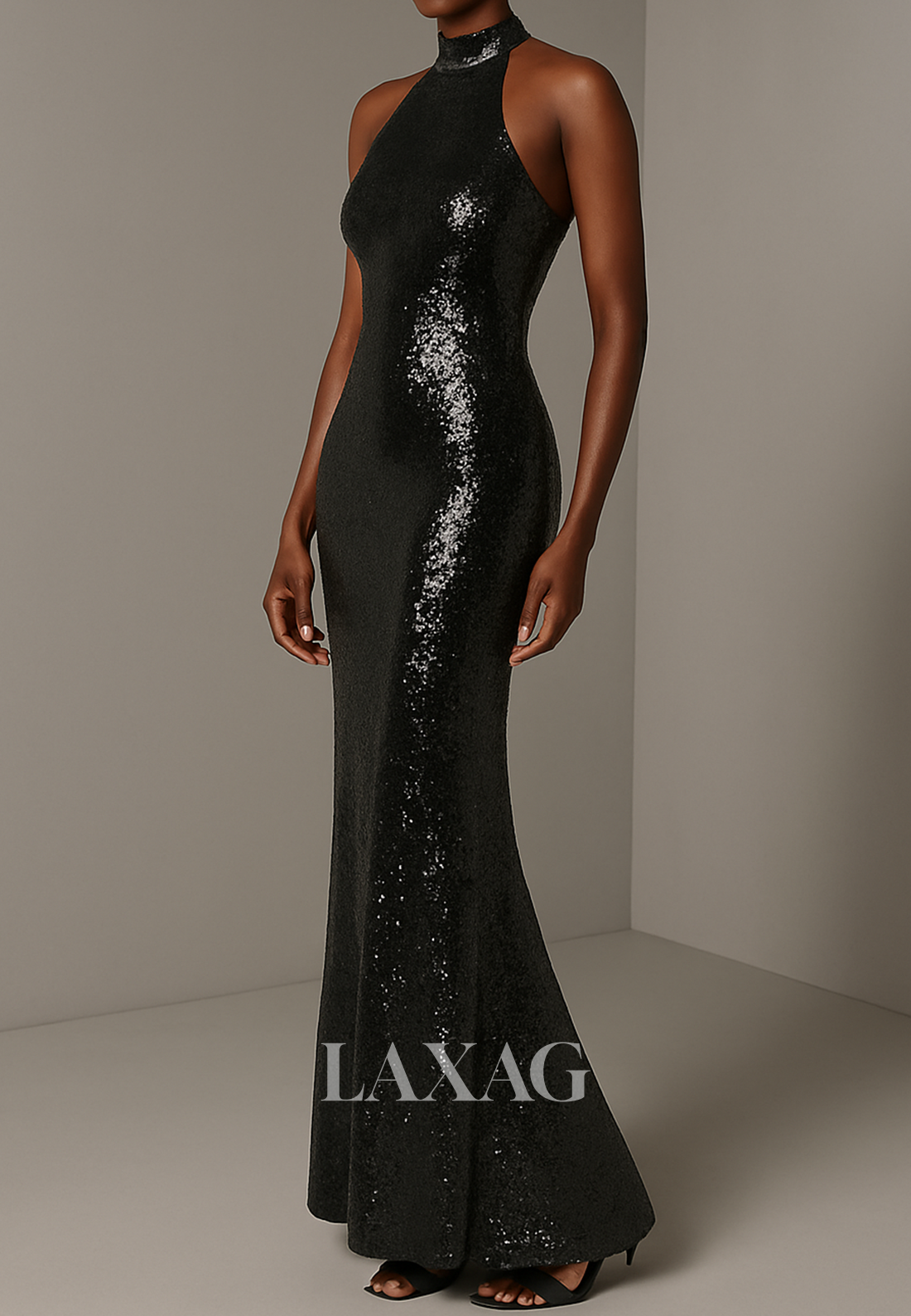 Halter-Neck Sleeveless Mermaid Evening Dress Fully Sequined Floor-Length Formal Gowns