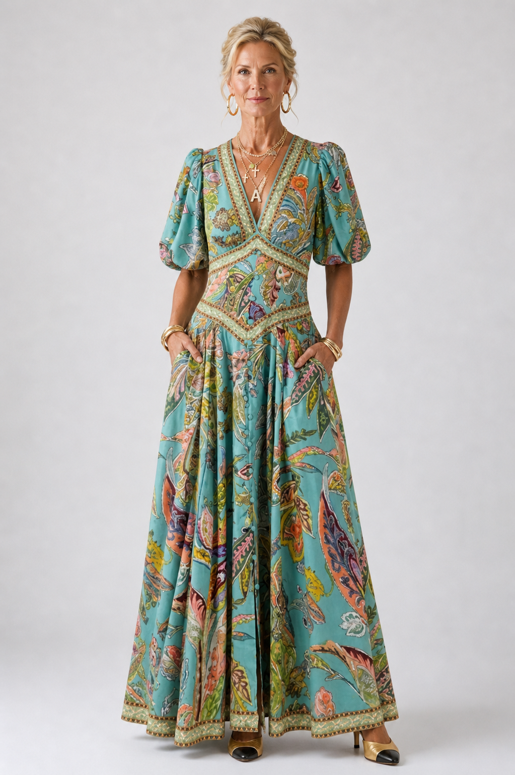 Paisley Print V-Neck Puff Sleeve Maxi Dress