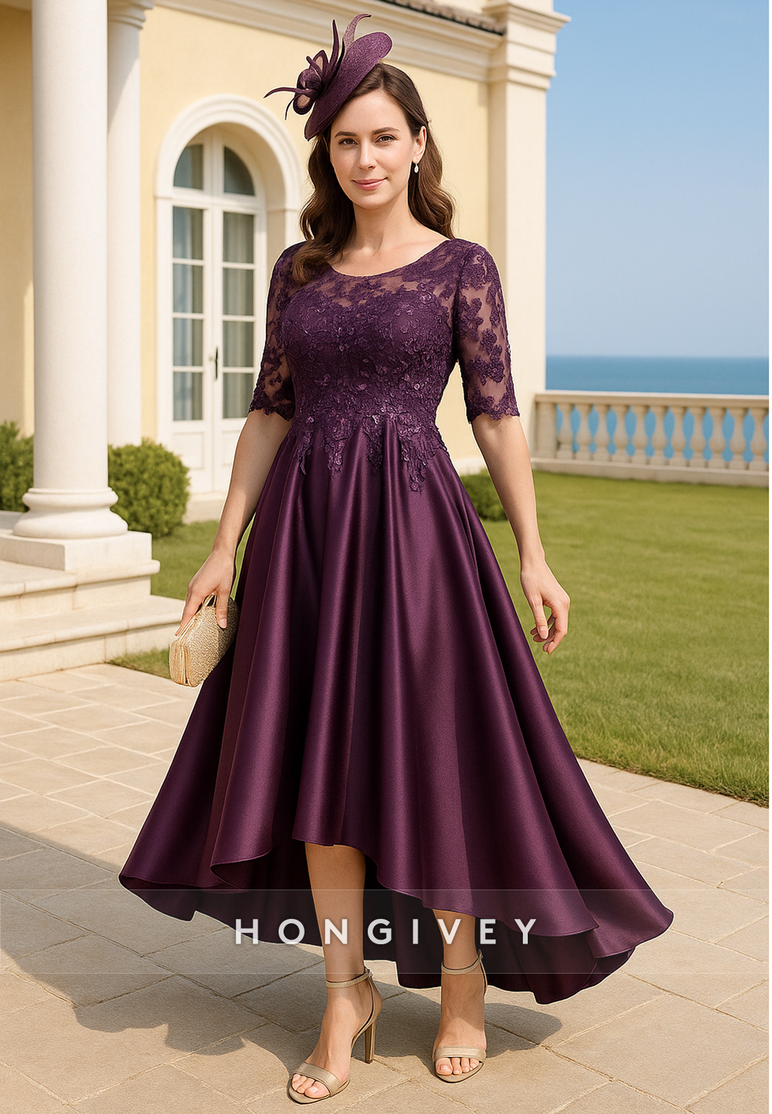 Asymmetrical Illusion Neck Half Sleeves A-Line Pleated Appliqued Mother of Bride Dresses