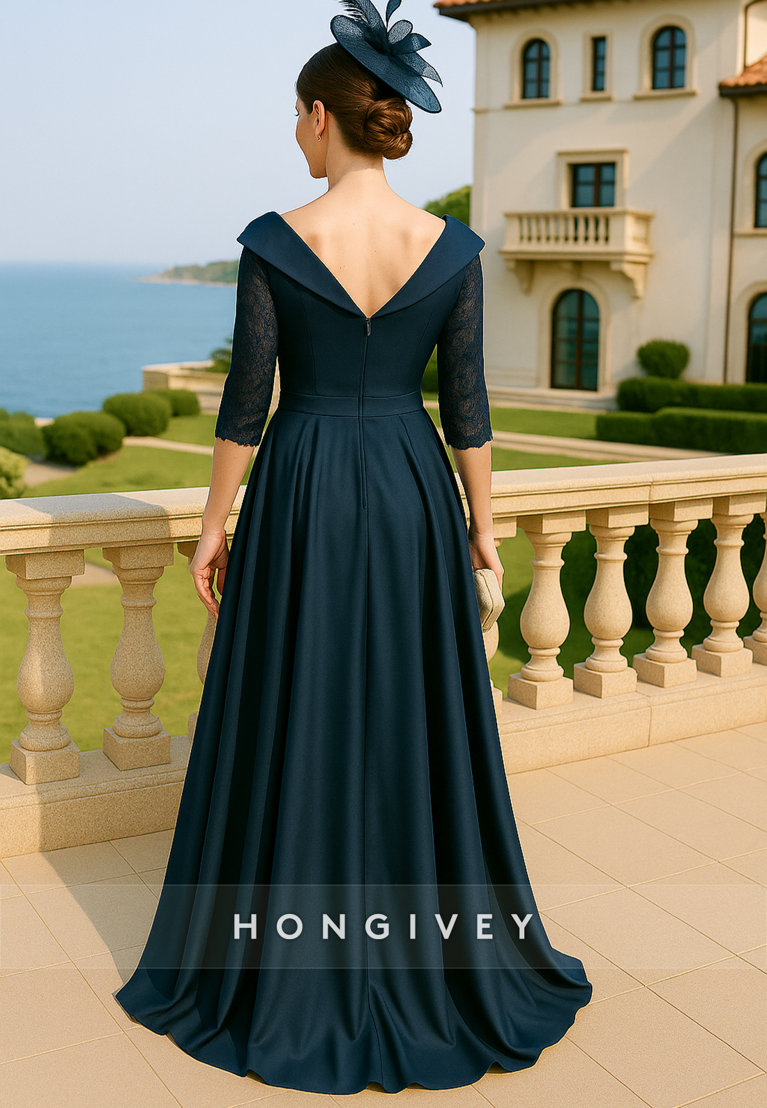 Bowknot 3/4 Sleeve V-Neck Floor-Length A-Line Pleated Ruched V Back Mother of Bride Dresses
