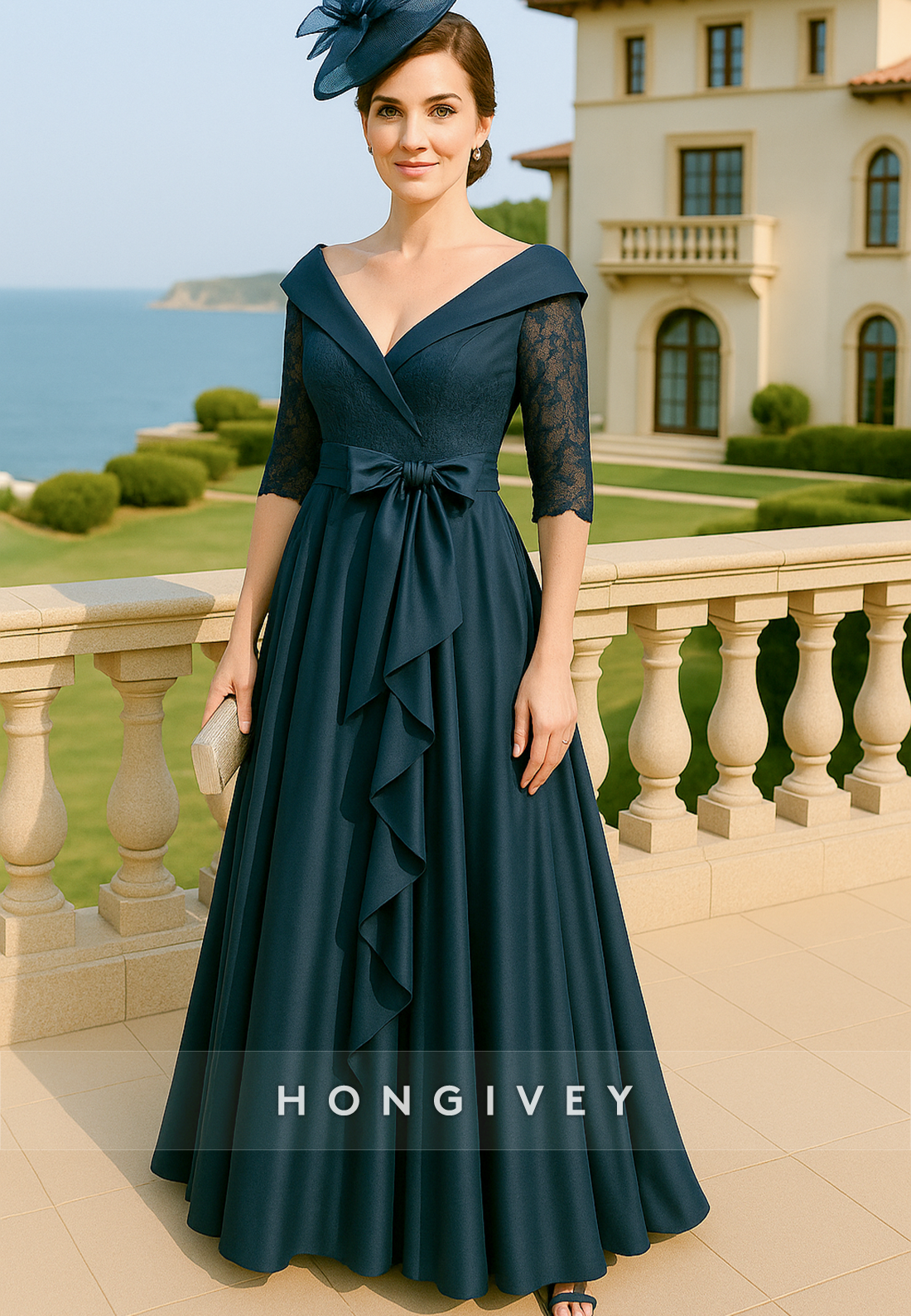 Bowknot 3/4 Sleeve V-Neck Floor-Length A-Line Pleated Ruched V Back Mother of Bride Dresses