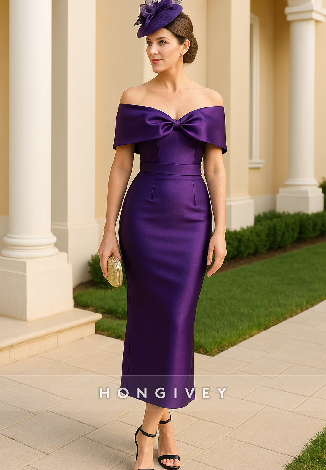 Satin Off the Shoulder Sheath V-Neck Tea-Length Bowknot Mother of Bride Dresses