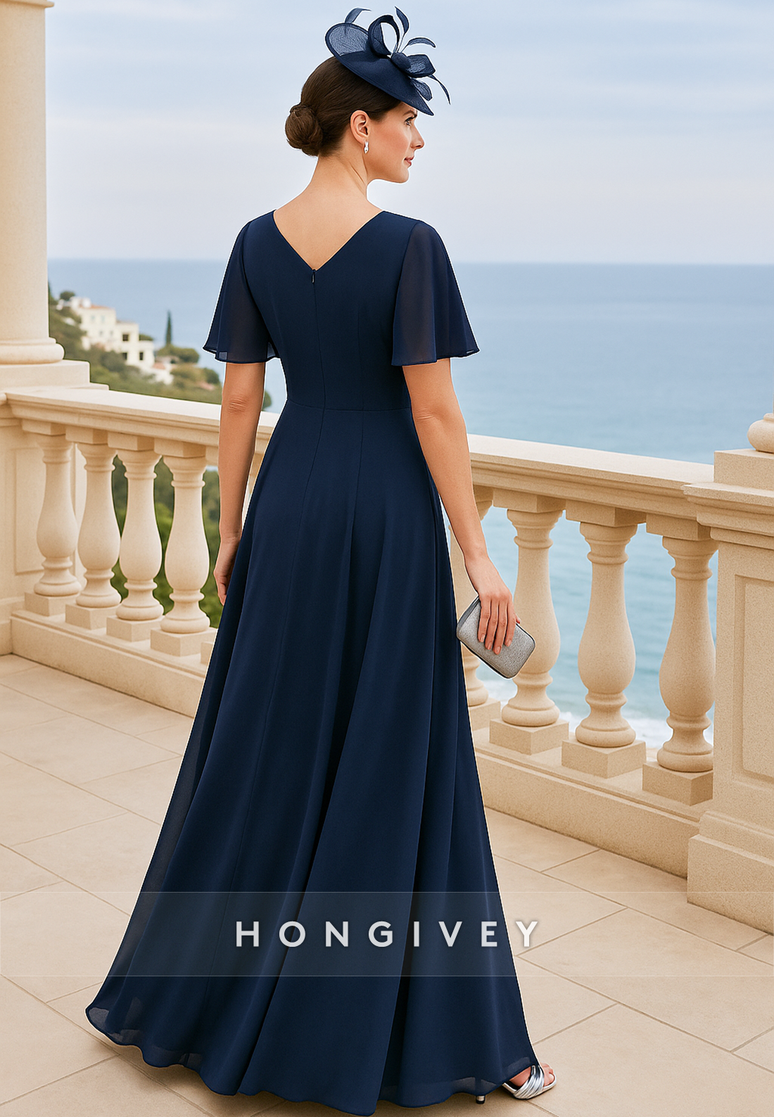 V-Neck Floor-Length Short Sleeve A-Line Ruched Mother of the Bride Dresses