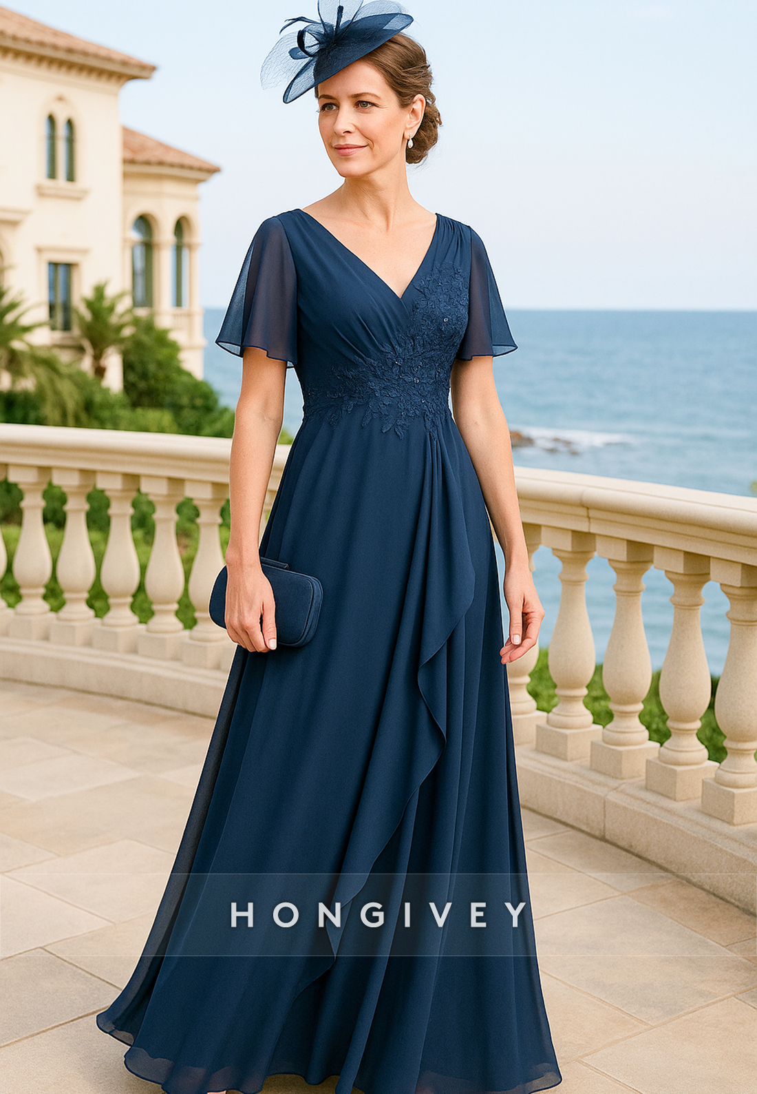 V-Neck Floor-Length Short Sleeve A-Line Ruched Mother of the Bride Dresses