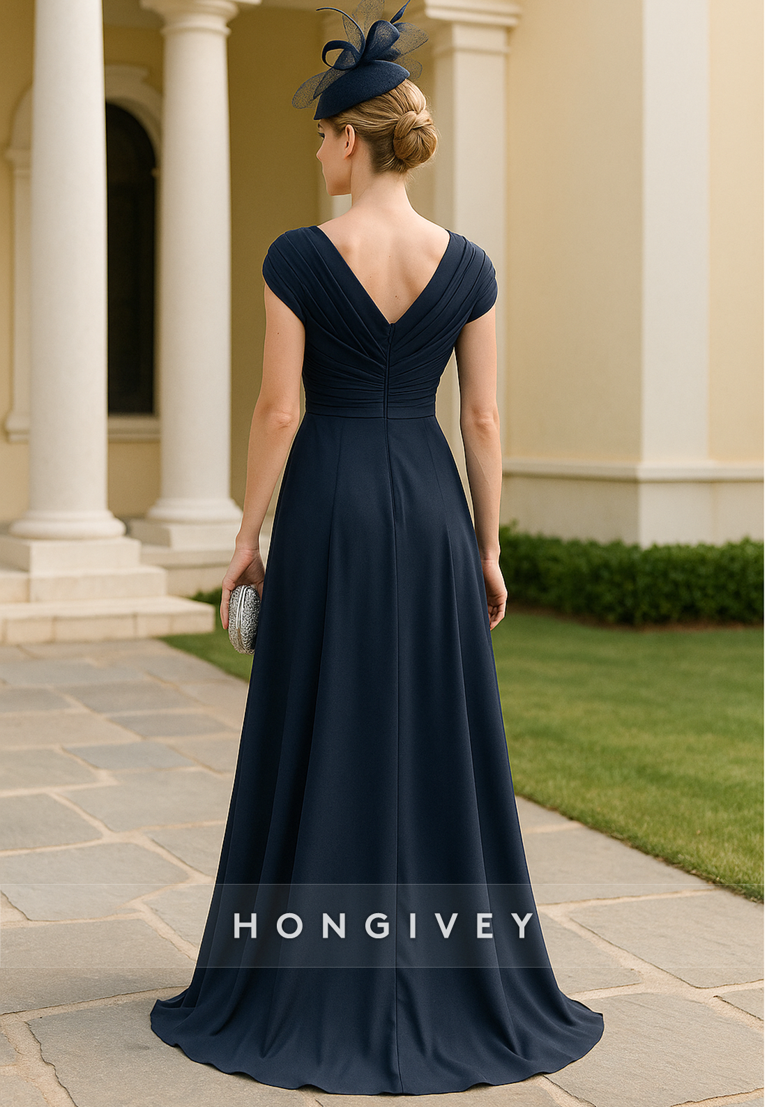 V-Neck Floor-Length A-Line Cap Sleeves Pleated V Back Mother of Bride Dresses