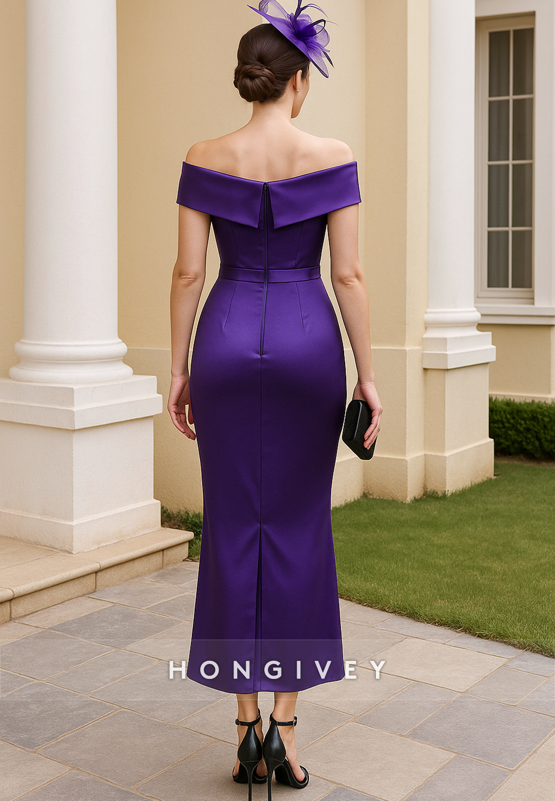 Satin Off the Shoulder Sheath V-Neck Tea-Length Bowknot Mother of Bride Dresses