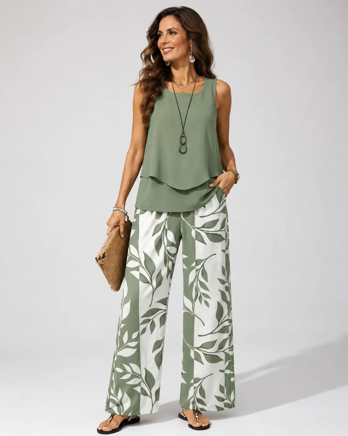 Sleeveless Layered Top and Leaf Print Wide Leg Pants Two Piece Set