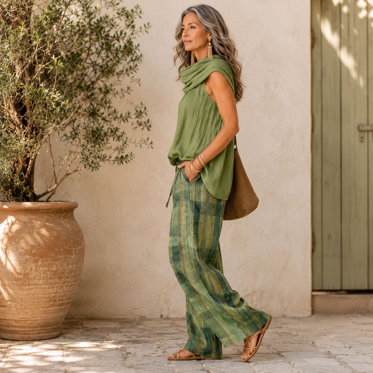 Cowl Neck Sleeveless Top and Plaid Wide Leg Pants Two Piece Set 5