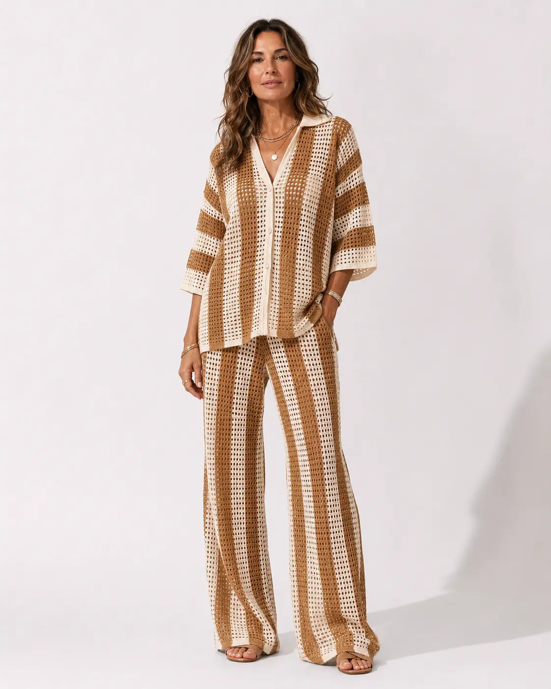 Striped Open Knit Collared Top and Wide Leg Pants Two Piece Set