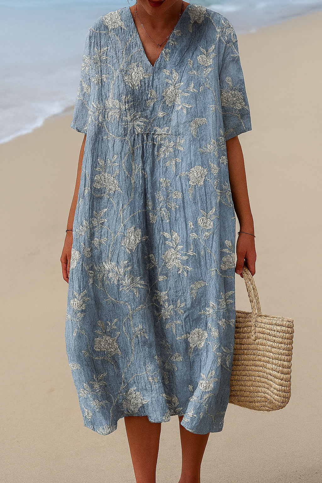 Floral Print V-Neck Short Sleeve Midi Dress