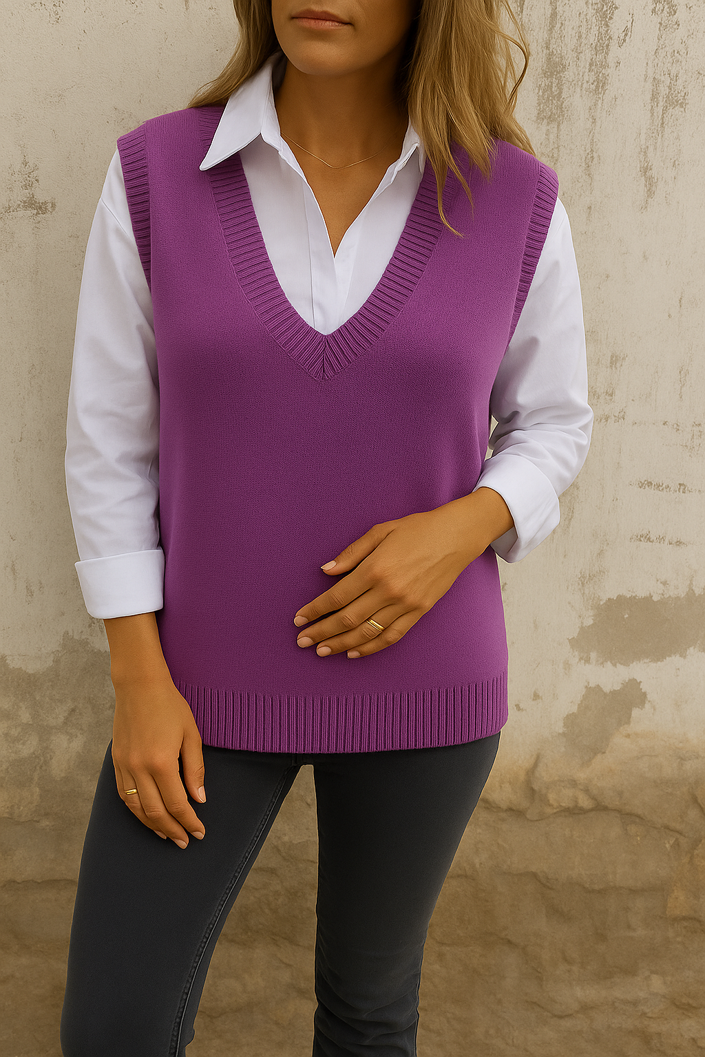 V-Neck Sleeveless Side Split Knit Sweater Vest 4