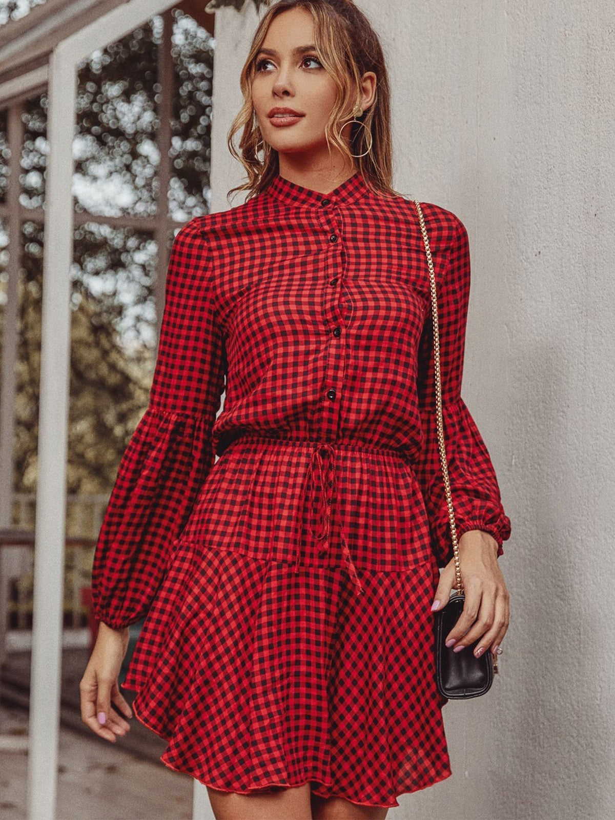 KittenAlarm - Checkerboard Plaid Stand Collar Dress