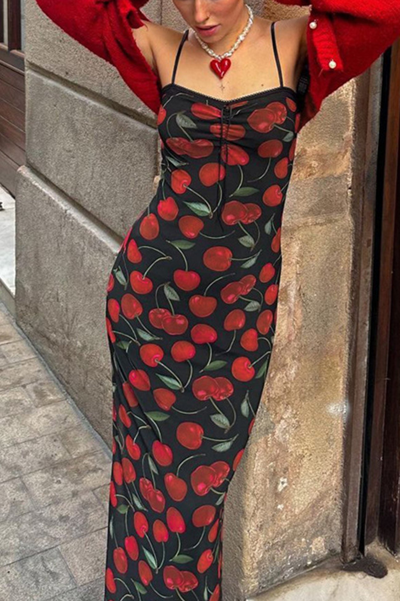 Cherry Print Drawstring Cami Dress