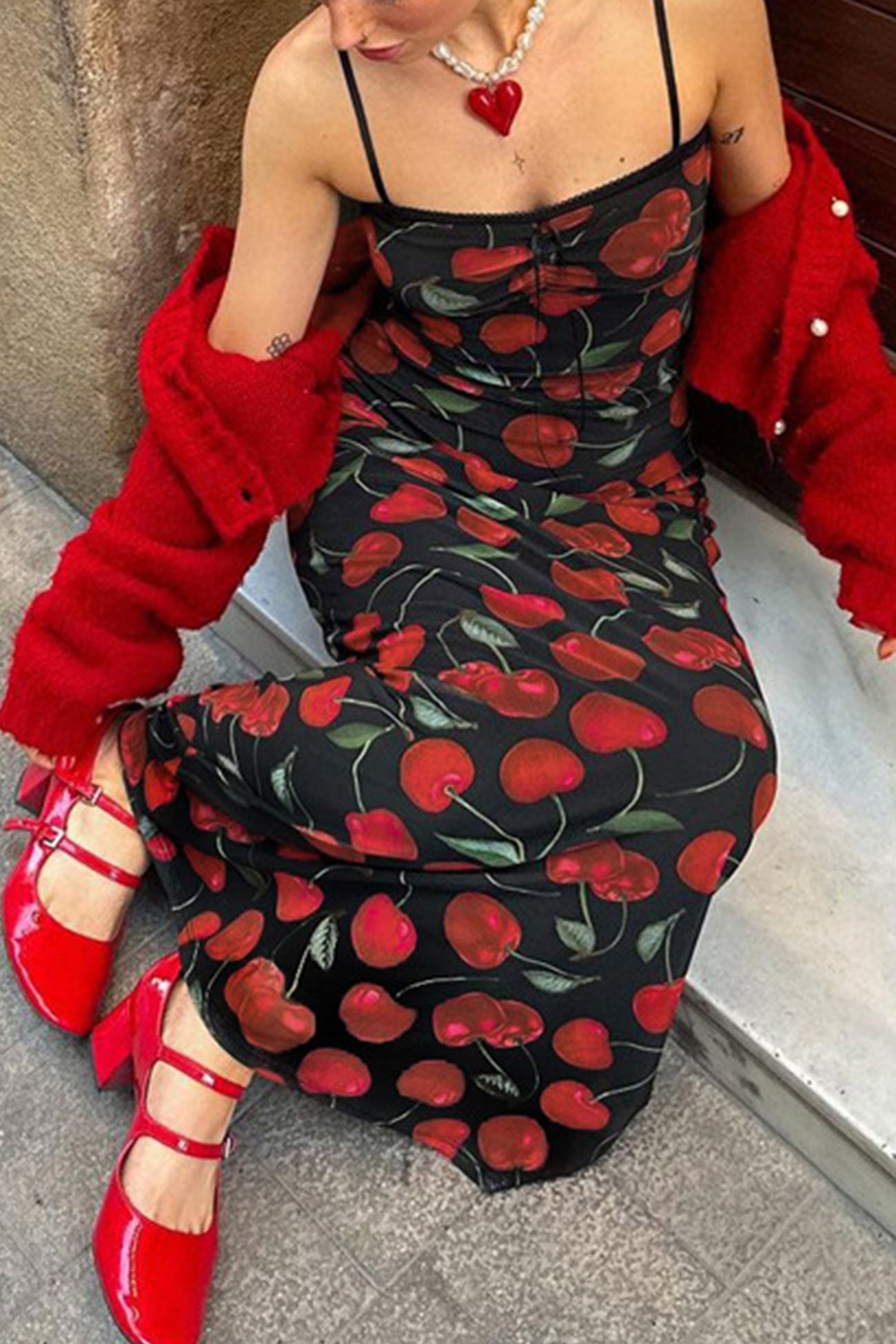 Cherry Print Drawstring Cami Dress