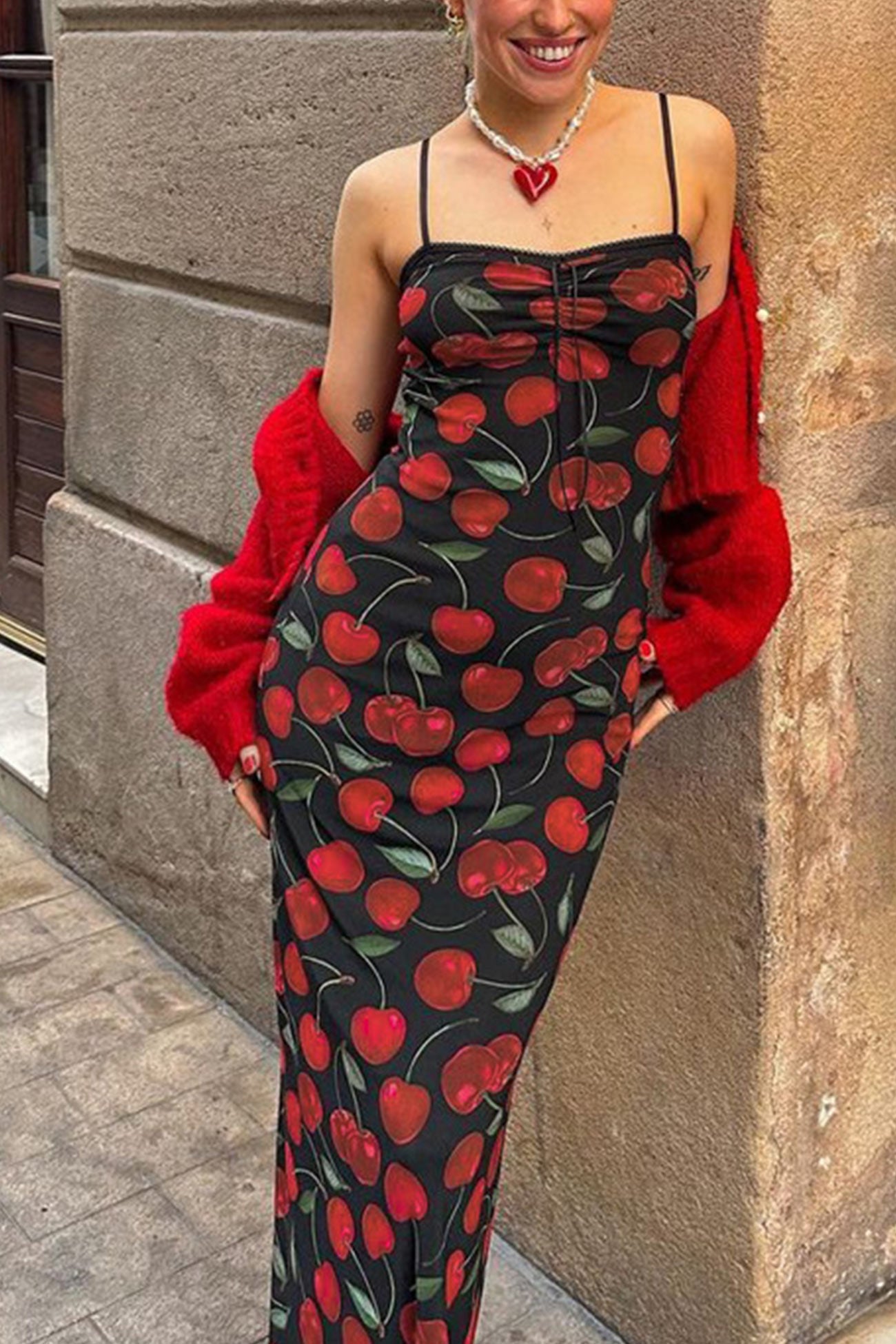 Cherry Print Drawstring Cami Dress