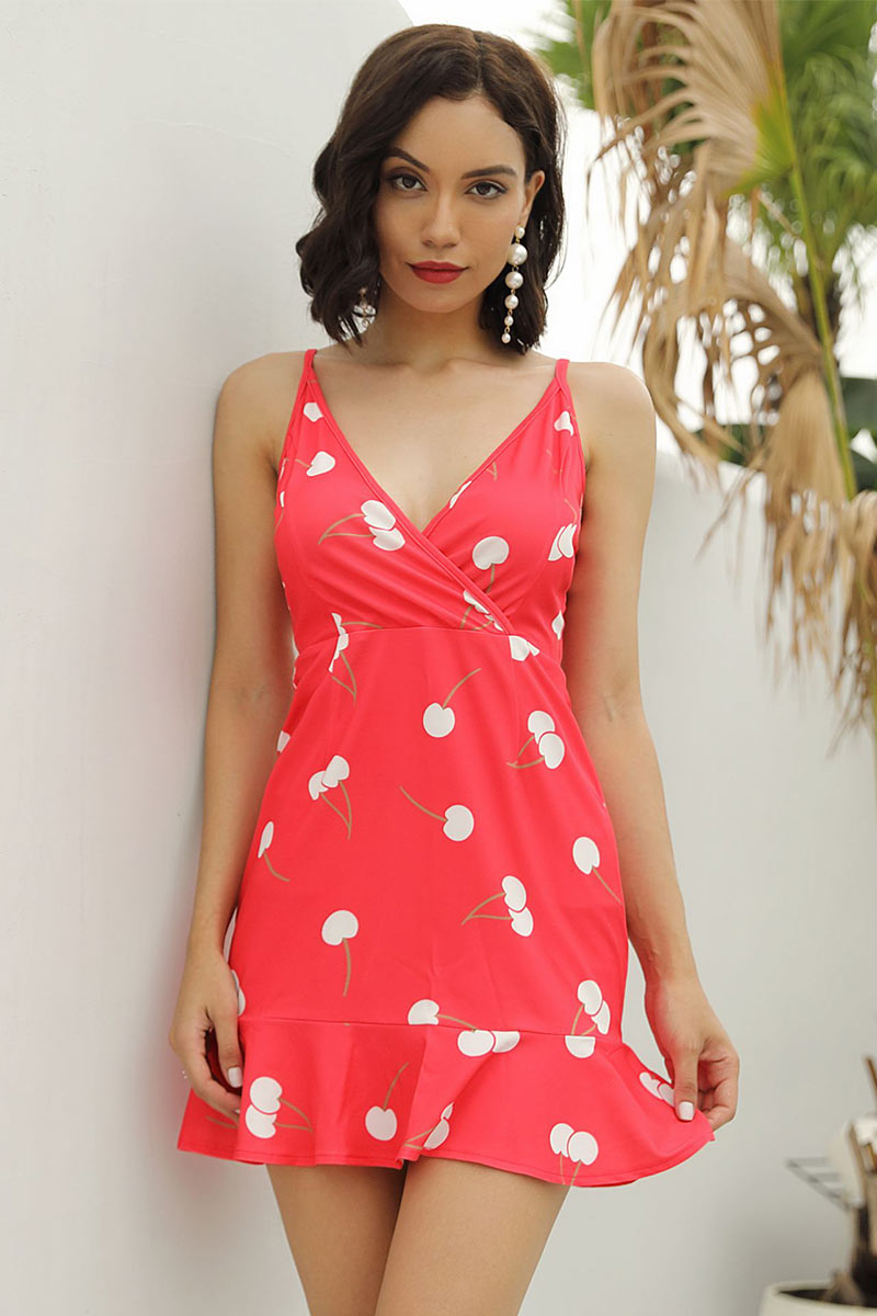 Cherry Print V-neck Mini Dress With Spaghetti Straps - Mislish