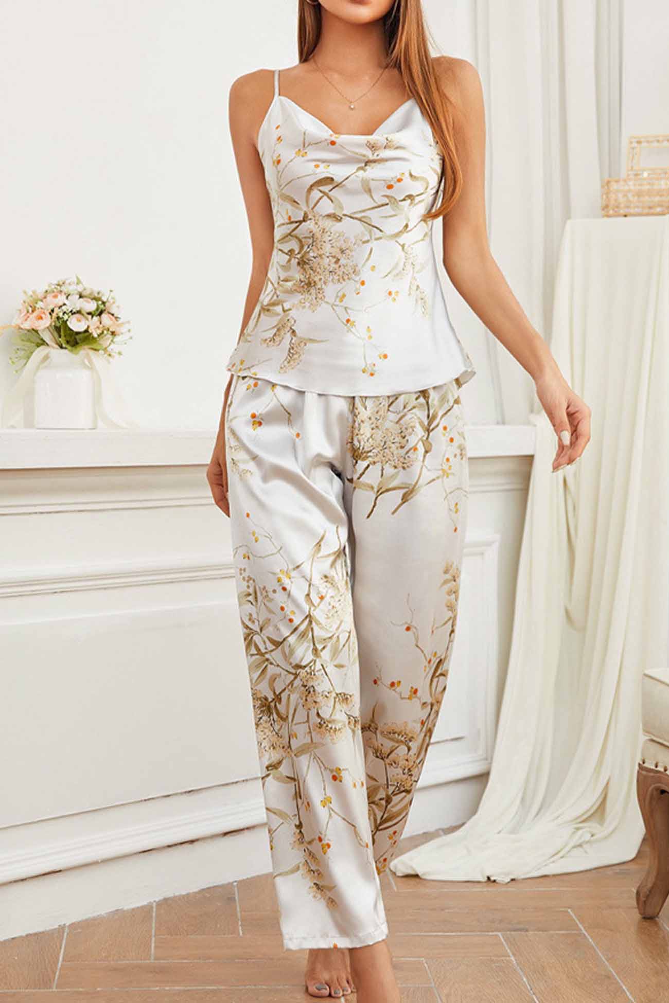 Cherry Satin Spaghetti Strap Pants Loungewear