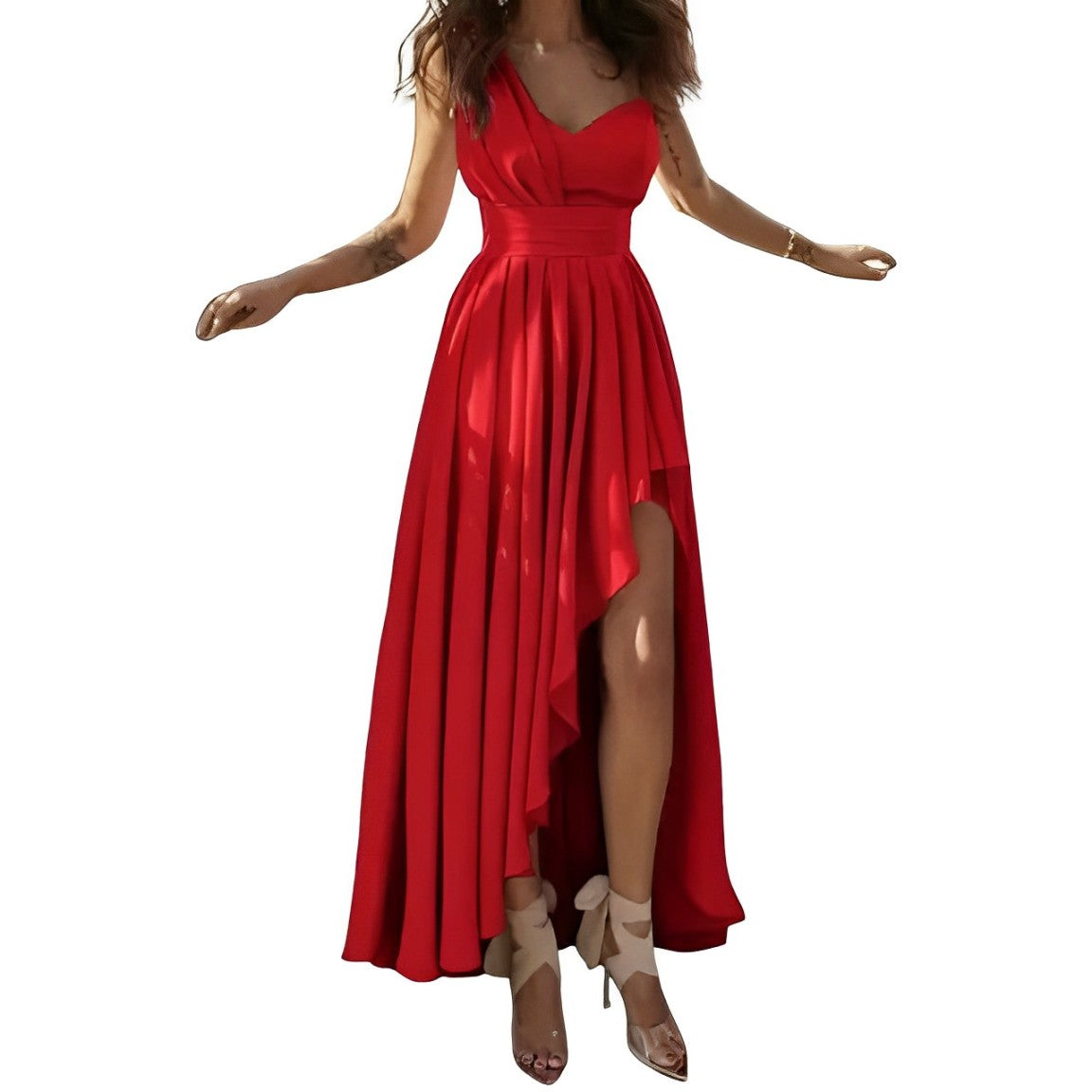 One Shoulder Glitter Ruched High Low Ruffle Formal Gown - View 6