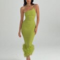 One-Shoulder Feather Trim Bodycon Midi Dress 15