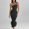 One-Shoulder Feather Trim Bodycon Midi Dress 14