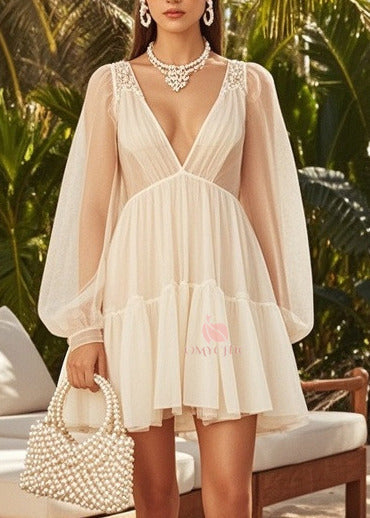 Lace Trim Deep V-Neck Empire Waist Tiered Lantern Sleeve Mini Dress - View 2