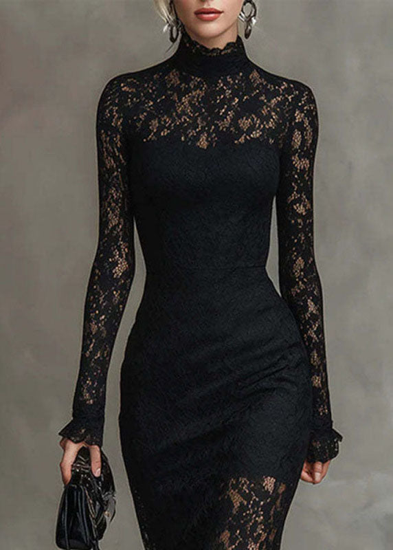 Floral Lace Mock Neck Long Sleeve Ruffle Cuff Mermaid Hem Midi Dress - View 2