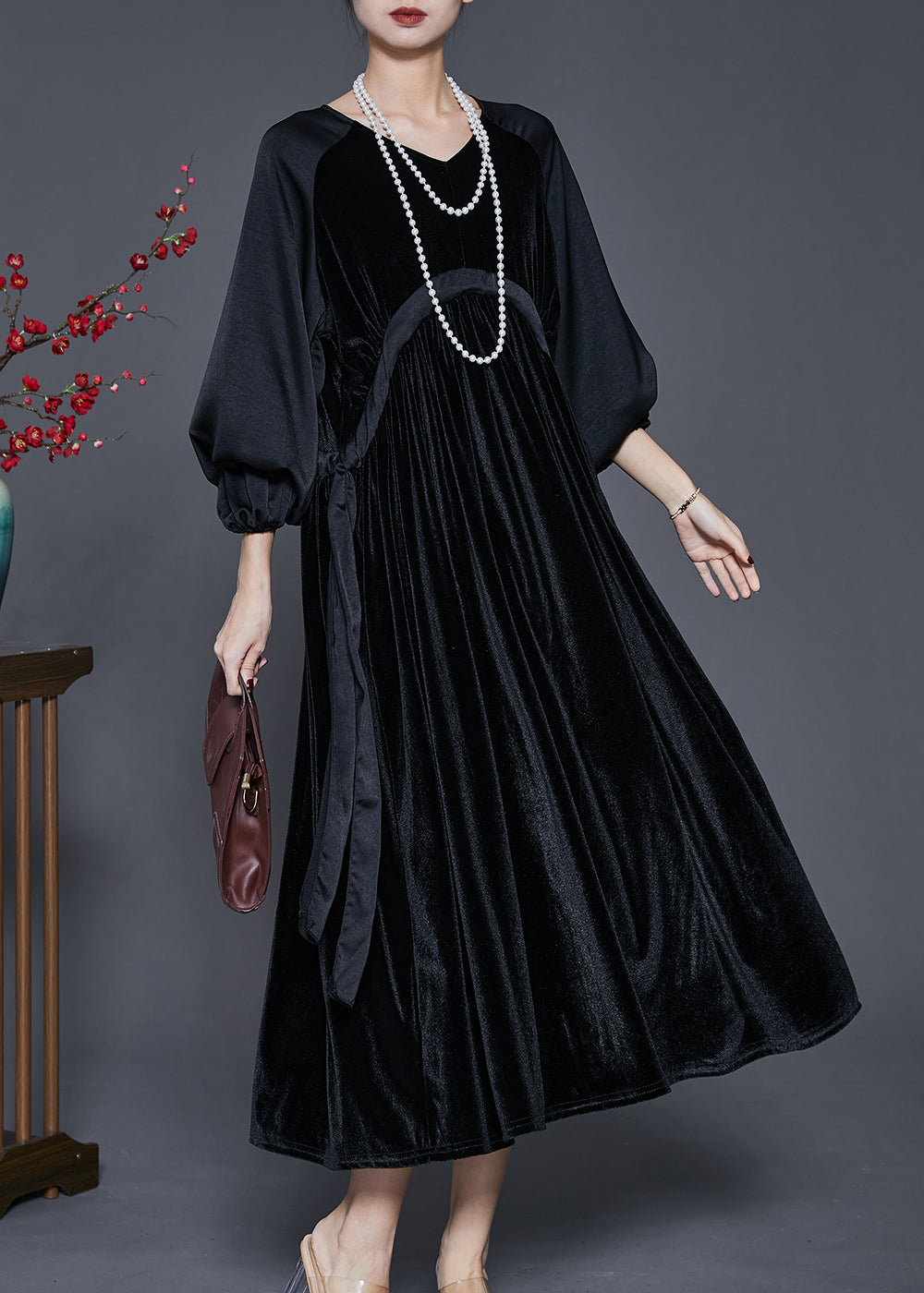 Velvet V-Neck Lantern Sleeve Empire Waist Side Tie Pleated Midi Dress