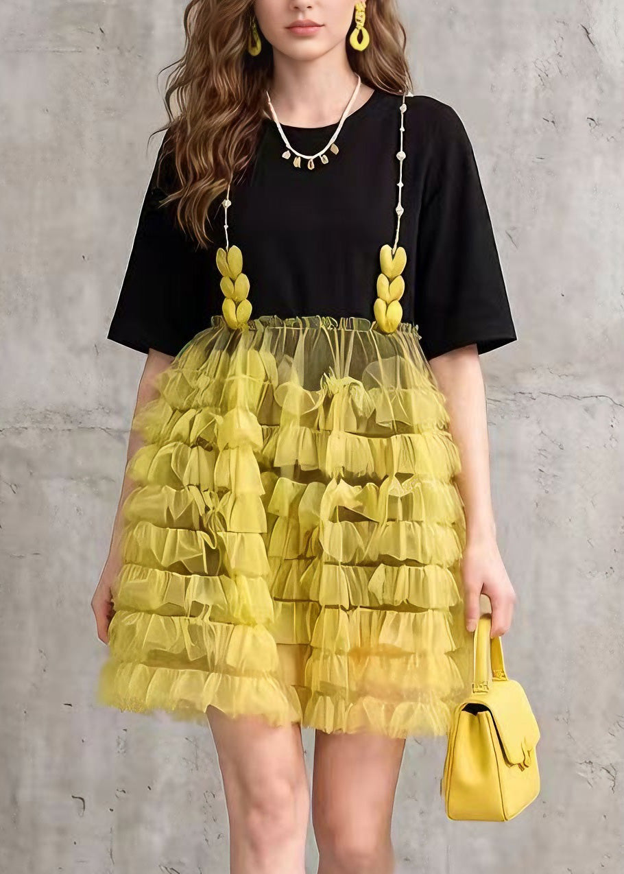 Chic Black Tulle Ruffled Patchwork Cotton Mid Dress Summer - View 2