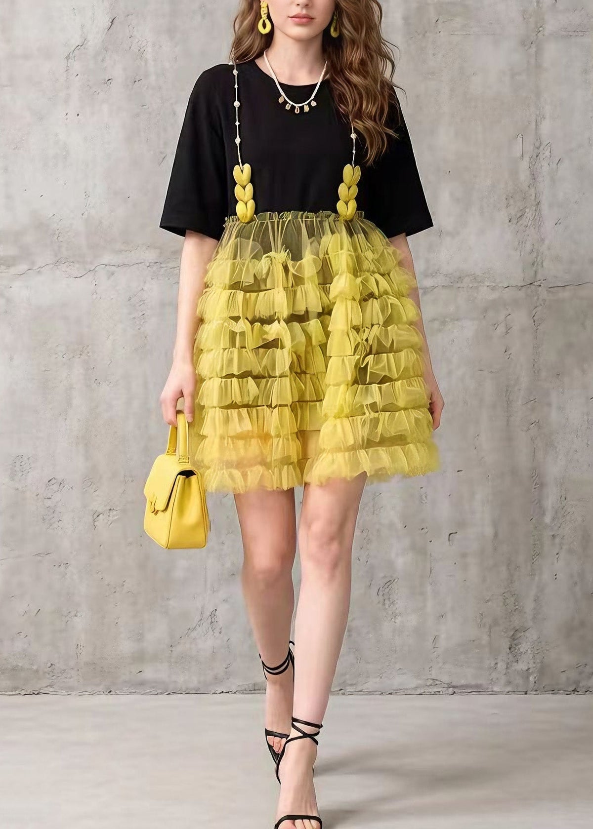 Chic Black Tulle Ruffled Patchwork Cotton Mid Dress Summer - View 3