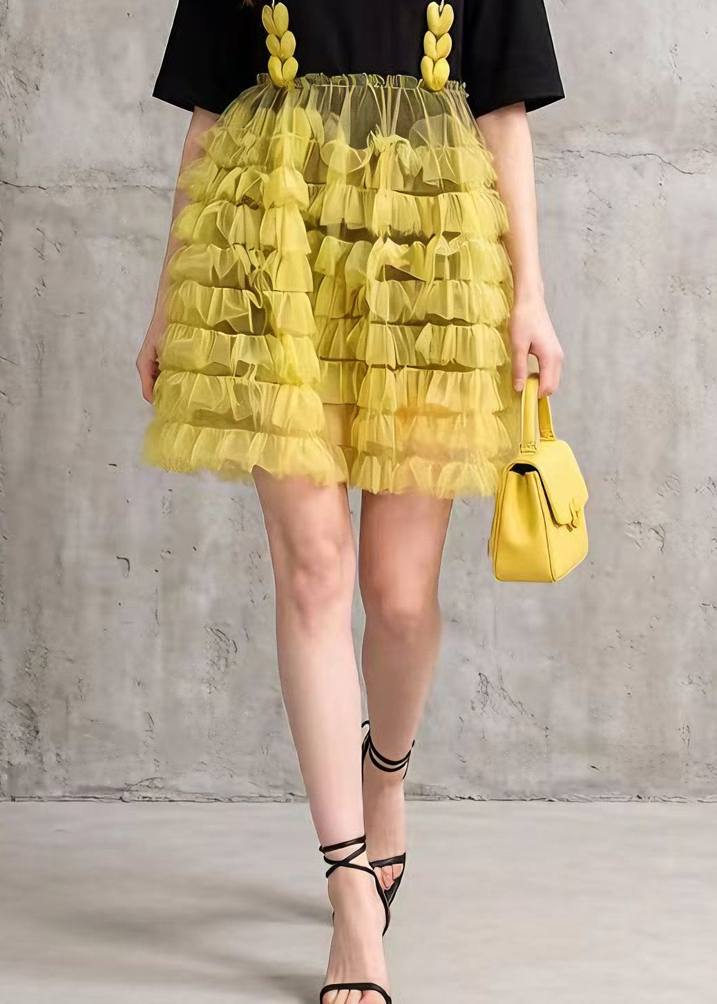 Chic Black Tulle Ruffled Patchwork Cotton Mid Dress Summer - View 4