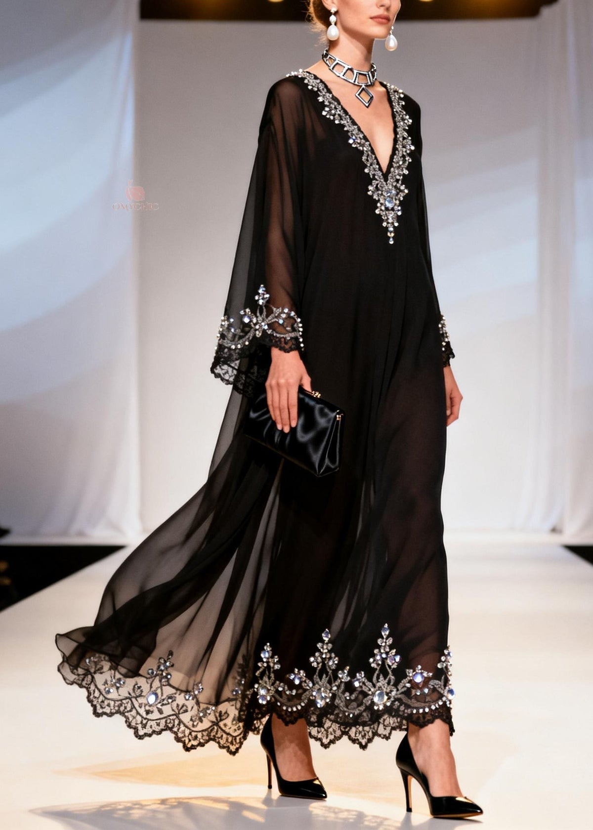 Chiffon Deep V-Neck Long Sleeve Rhinestone Bell Sleeve Maxi Gown