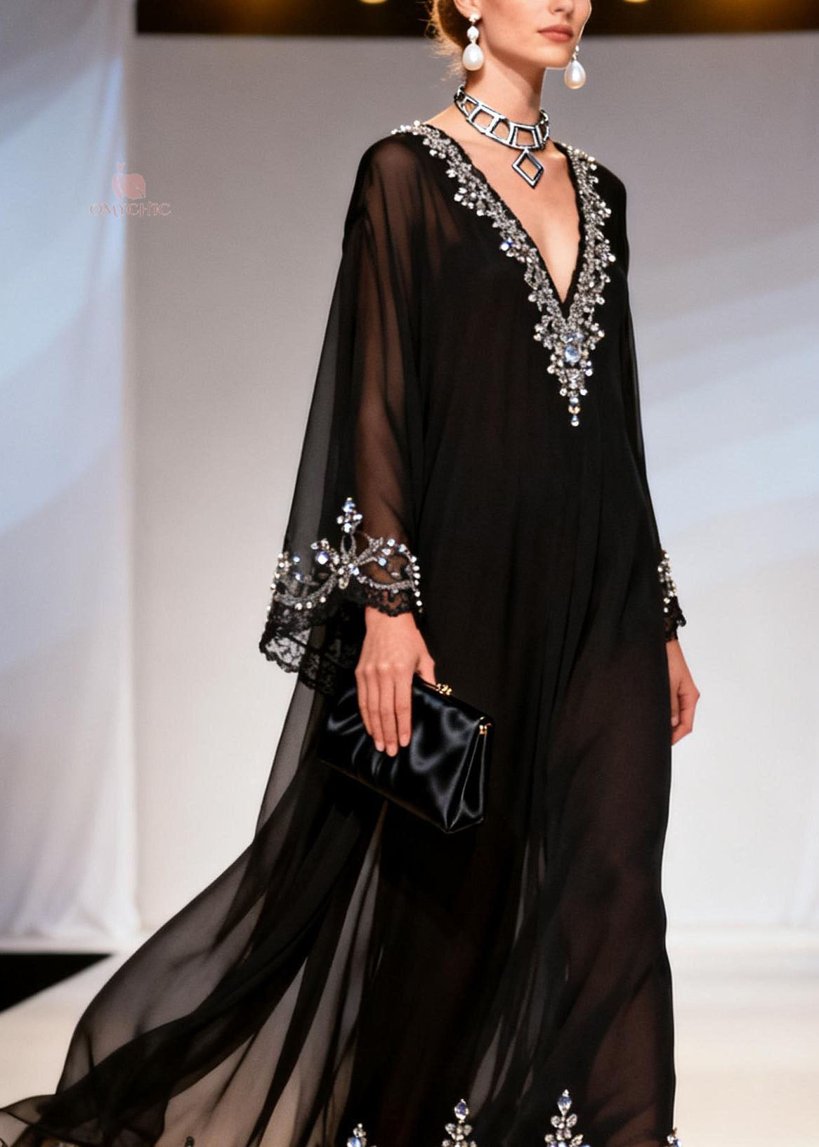 Chiffon Deep V-Neck Long Sleeve Rhinestone Bell Sleeve Maxi Gown - View 2