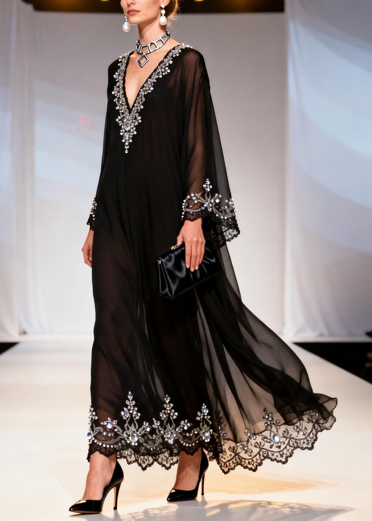 Chiffon Deep V-Neck Long Sleeve Rhinestone Bell Sleeve Maxi Gown - View 3